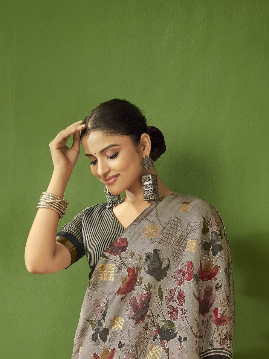 Grey Silk Printed Wedding Reception Party Festival Heavy Border Sarees