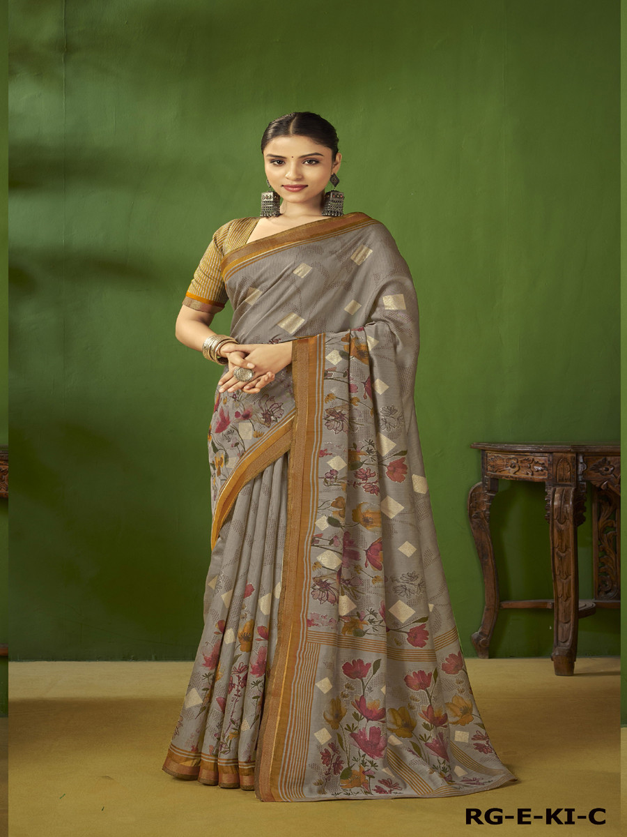 Grey Silk Printed Wedding Reception Party Festival Heavy Border Sarees
