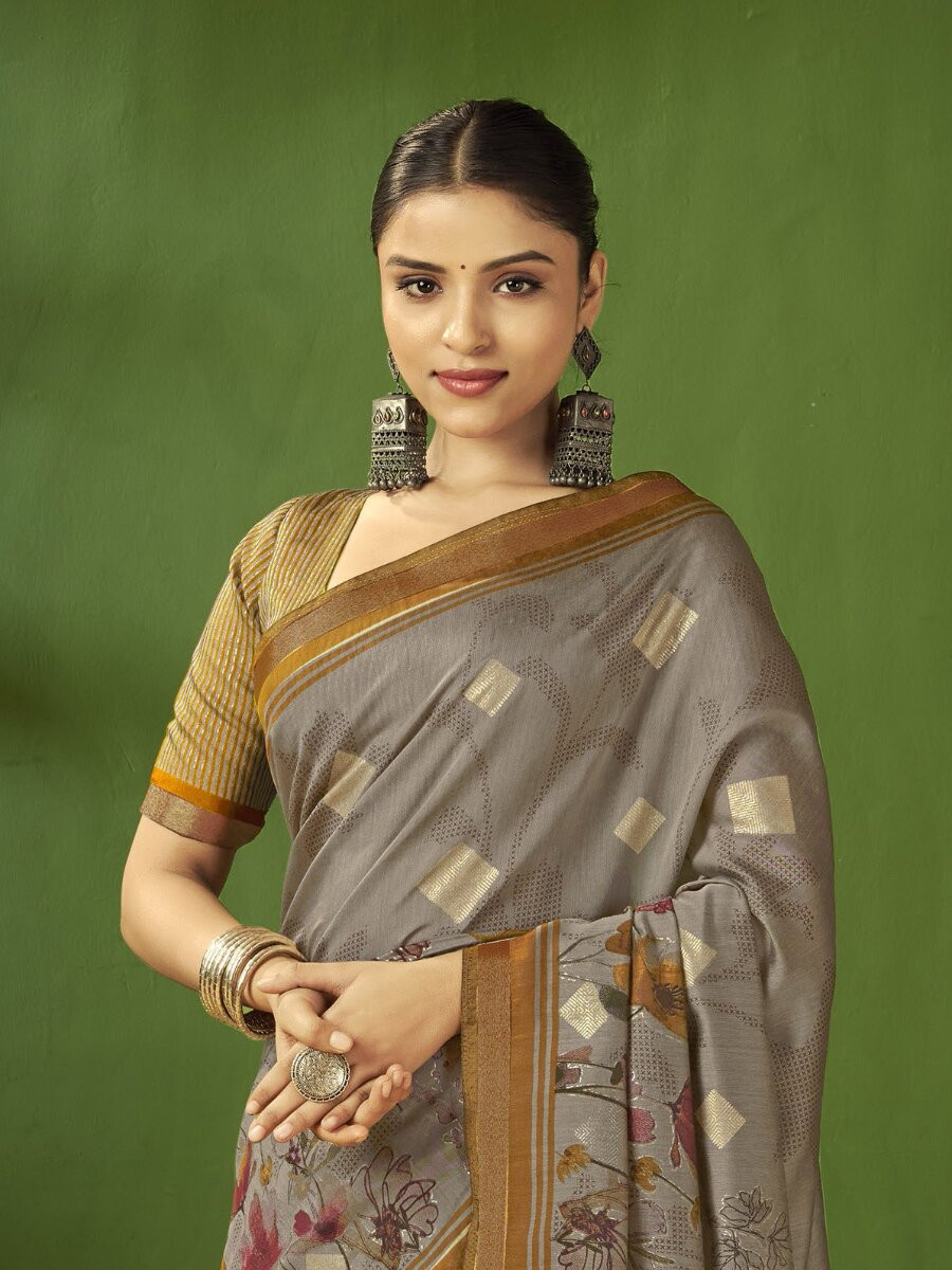 Grey Silk Printed Wedding Reception Party Festival Heavy Border Sarees
