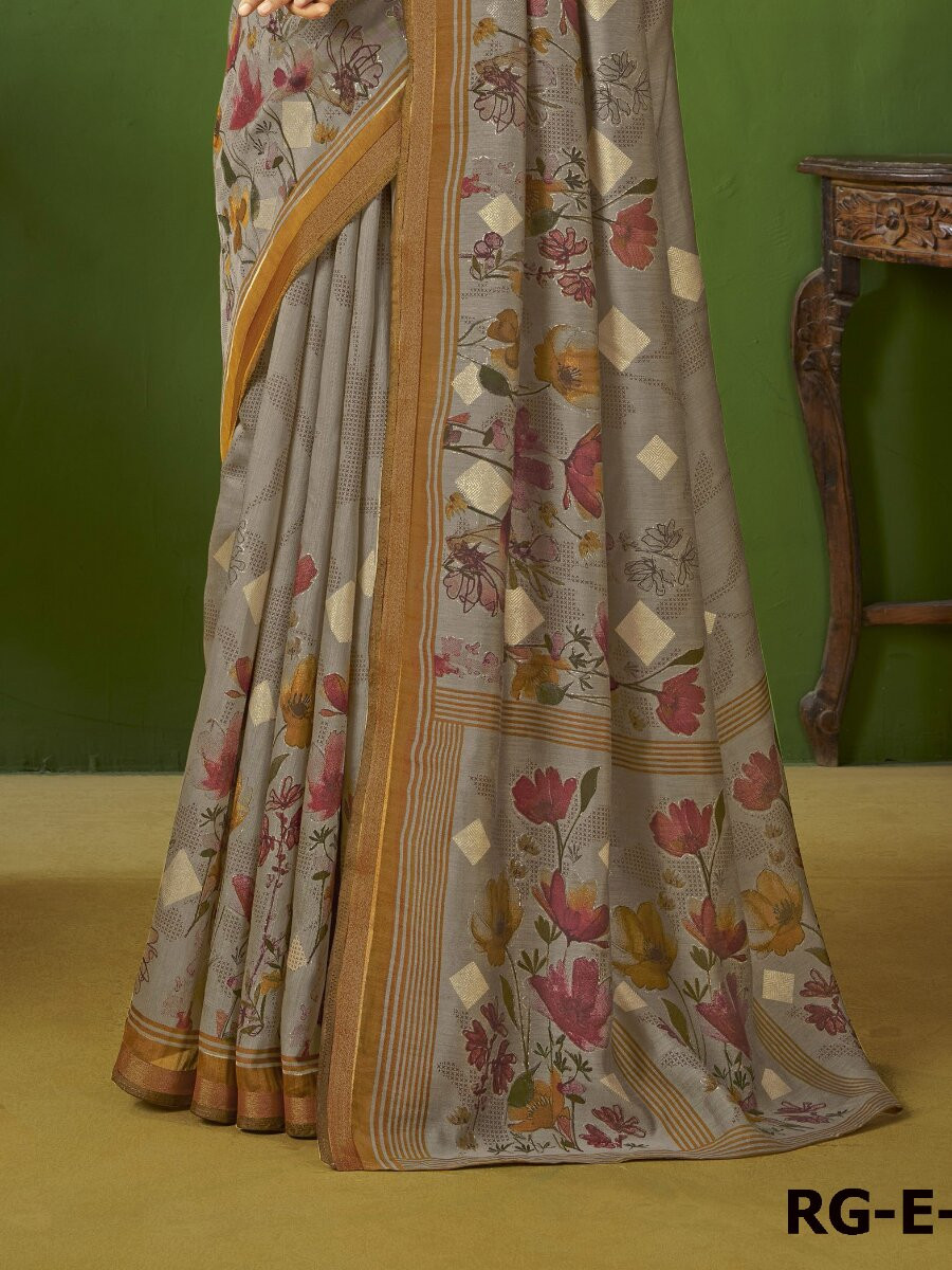 Grey Silk Printed Wedding Reception Party Festival Heavy Border Sarees