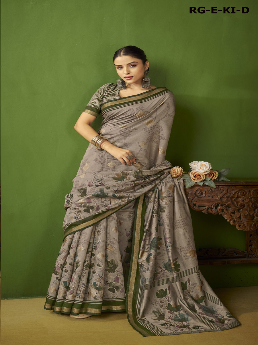 Grey Silk Printed Wedding Reception Party Festival Heavy Border Sarees