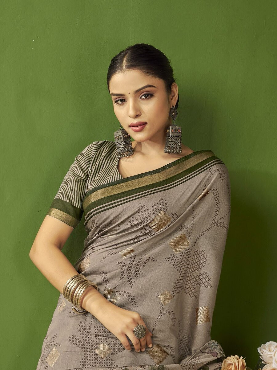 Grey Silk Printed Wedding Reception Party Festival Heavy Border Sarees