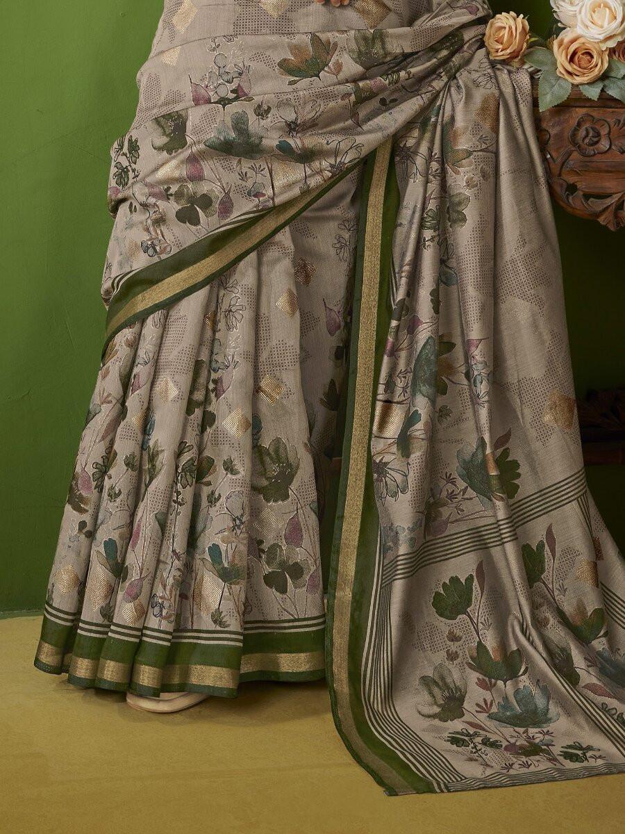 Grey Silk Printed Wedding Reception Party Festival Heavy Border Sarees