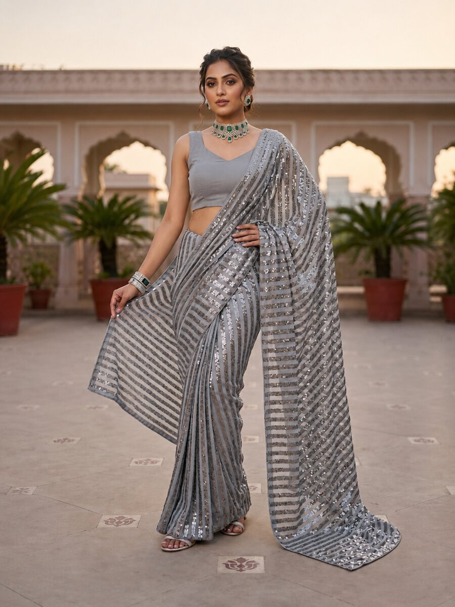 Grey Silk Sequins Wedding Reception Party Festival Casual Heavy Border Sarees