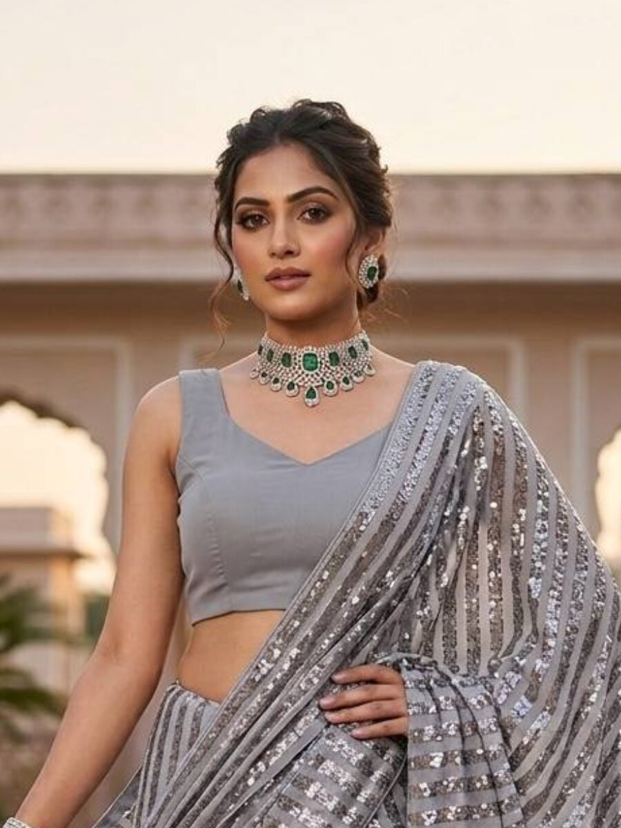 Grey Silk Sequins Wedding Reception Party Festival Casual Heavy Border Sarees