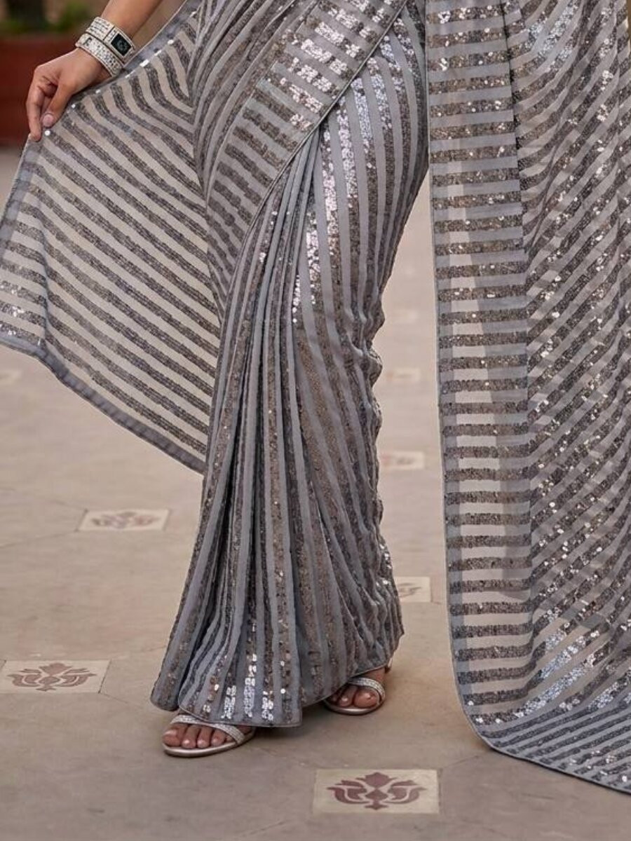 Grey Silk Sequins Wedding Reception Party Festival Casual Heavy Border Sarees