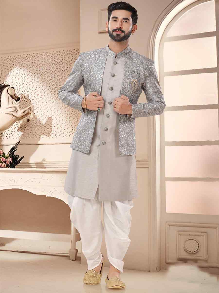 Grey Silk Woven Festival Wedding Kurta
