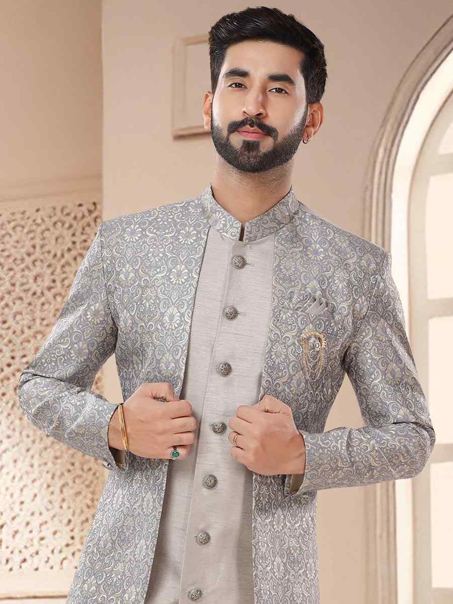 Grey Silk Woven Festival Wedding Kurta