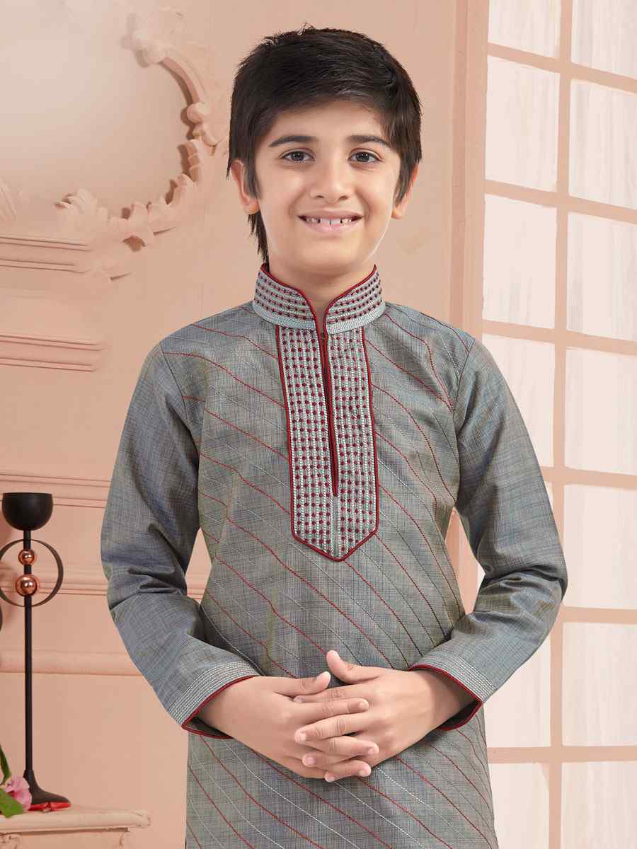 Grey Silk Zardosi Festival Kurta Pyjama Boys Wear
