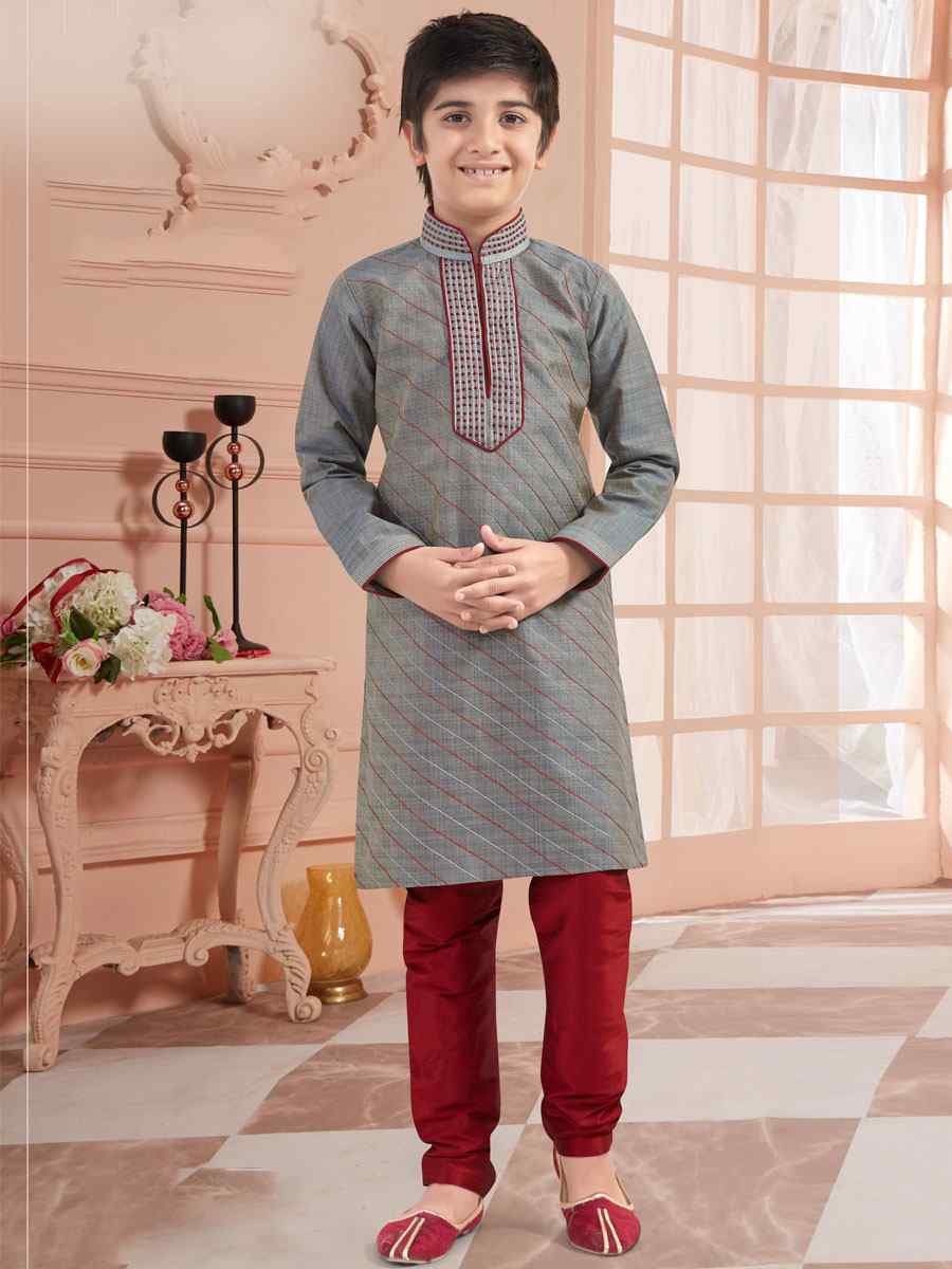 Grey Silk Zardosi Festival Kurta Pyjama Boys Wear