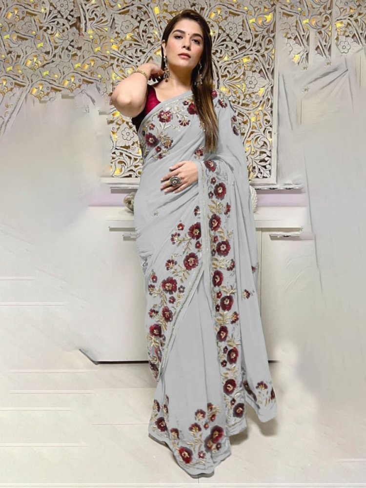 Grey Slub Silk Sequins Party Festival Classic Style Saree