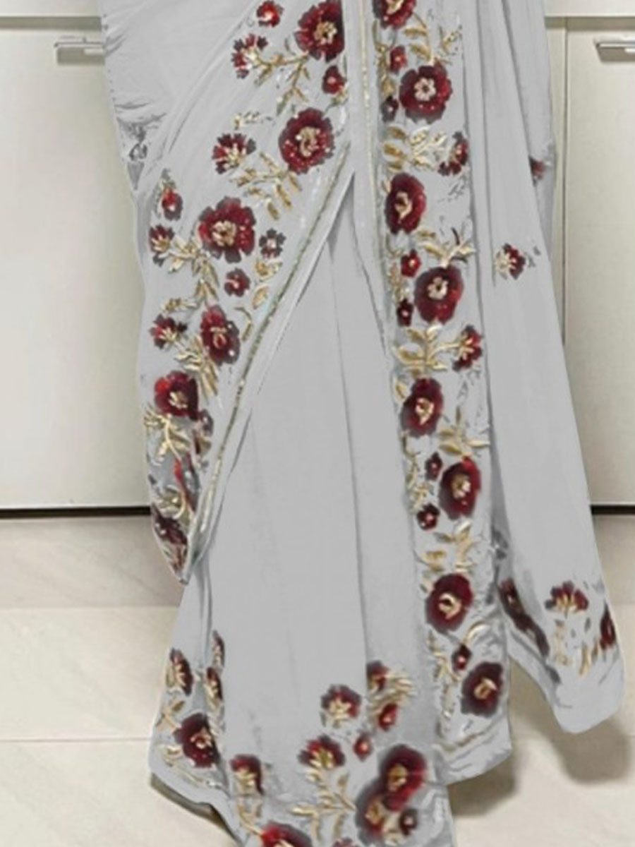 Grey Slub Silk Sequins Party Festival Classic Style Saree