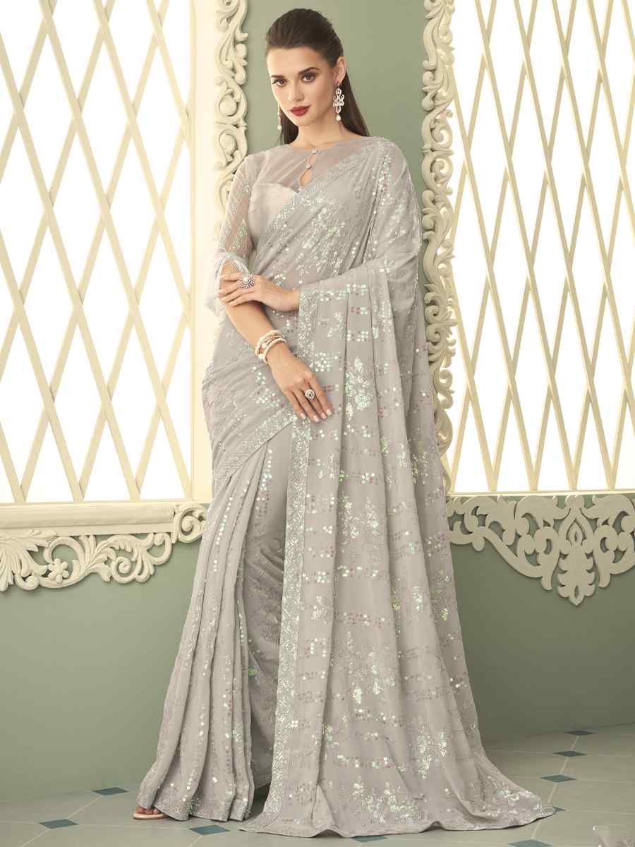 Grey Smooth Gerogette Sequins Party Cocktail Classic Style Saree
