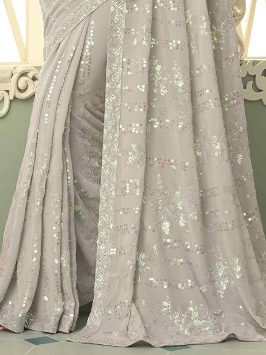 Grey Smooth Gerogette Sequins Party Cocktail Classic Style Saree