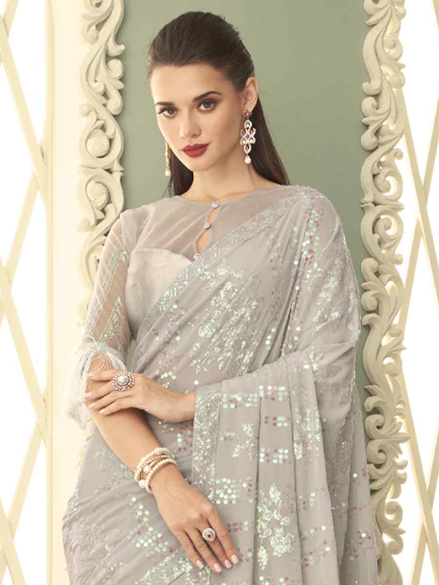 Grey Smooth Gerogette Sequins Party Cocktail Classic Style Saree