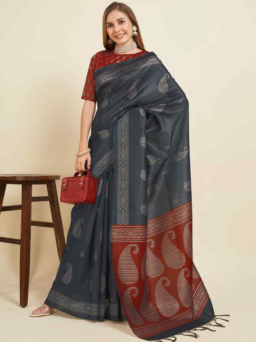 Grey Sofi Silk Handwoven Wedding Festival Heavy Border Saree