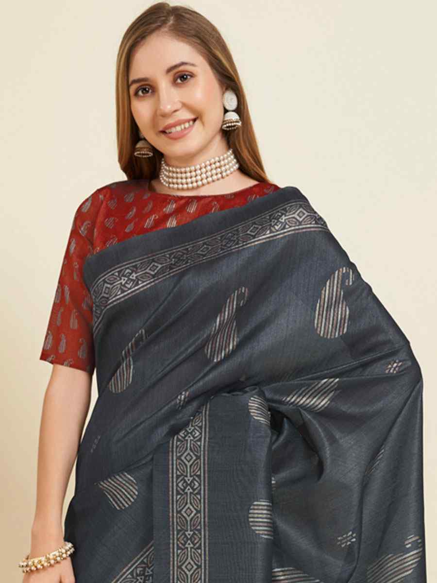 Grey Sofi Silk Handwoven Wedding Festival Heavy Border Saree