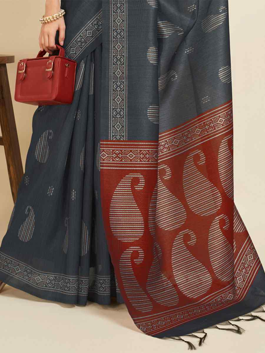 Grey Sofi Silk Handwoven Wedding Festival Heavy Border Saree