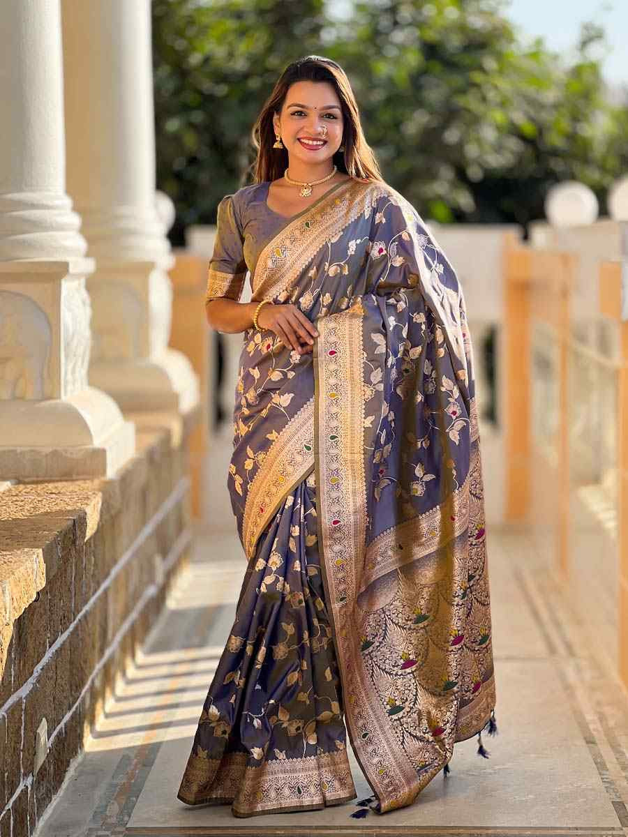 Grey Soft Banarashi Silk Handwoven Festival Wedding Fancy Heavy Border Saree