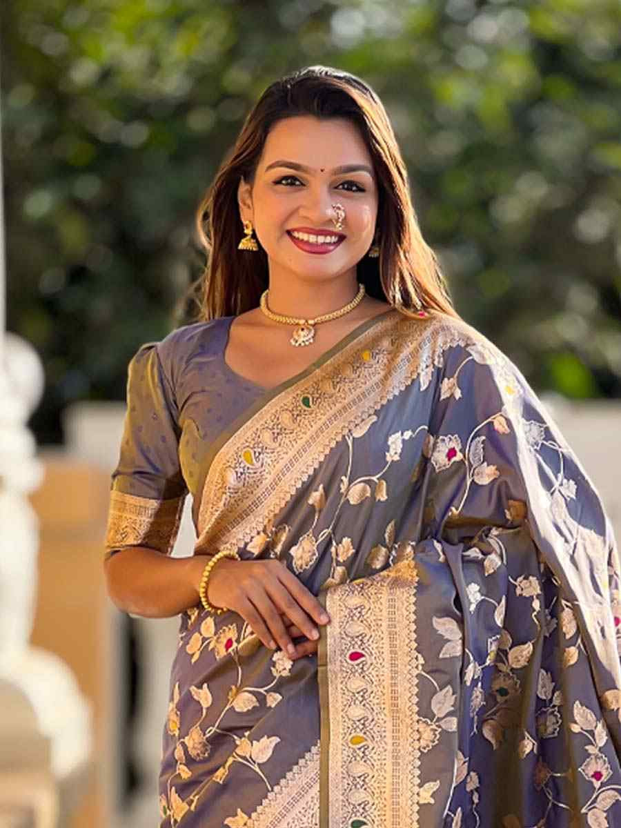 Grey Soft Banarashi Silk Handwoven Festival Wedding Fancy Heavy Border Saree