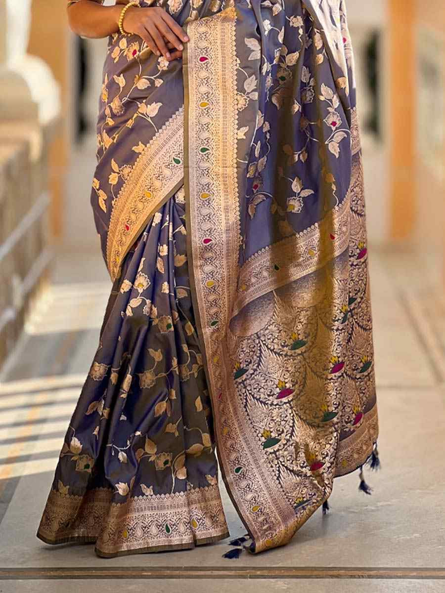 Grey Soft Banarashi Silk Handwoven Festival Wedding Fancy Heavy Border Saree