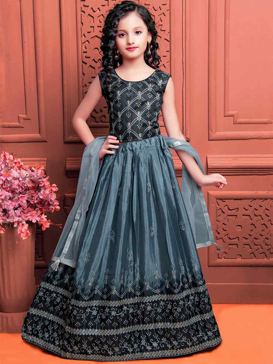 Grey Soft Chinon Silk Embroidered Wedding Festival Lehengas Girls Wear