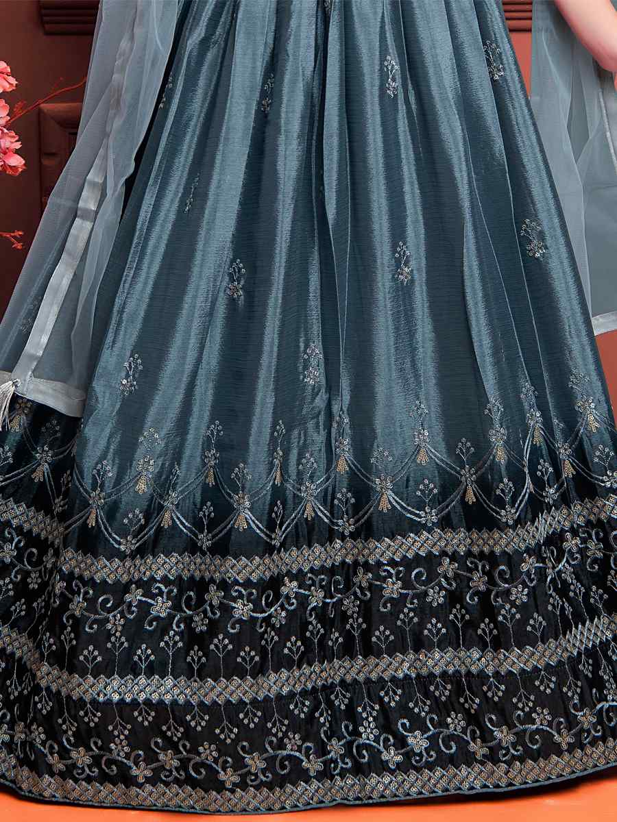 Grey Soft Chinon Silk Embroidered Wedding Festival Lehengas Girls Wear