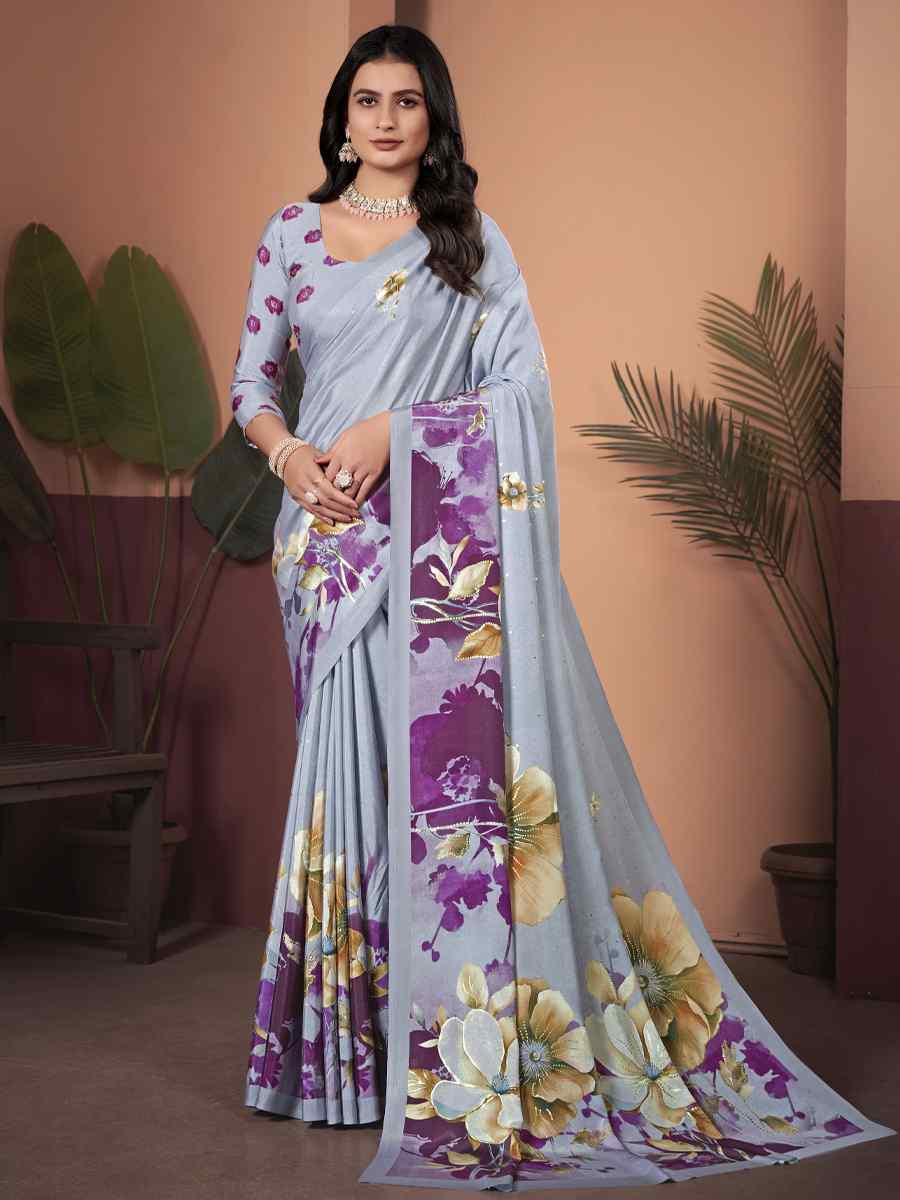 Grey Soft Crepe Silk Printed Festival Wedding Heavy Border Saree