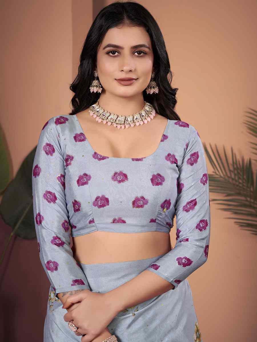 Grey Soft Crepe Silk Printed Festival Wedding Heavy Border Saree