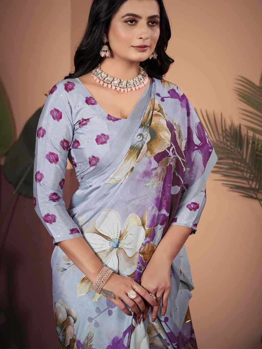 Grey Soft Crepe Silk Printed Festival Wedding Heavy Border Saree