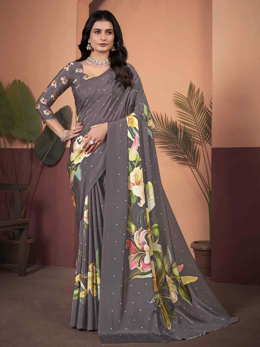 Grey Soft Crepe Silk Printed Festival Wedding Heavy Border Saree