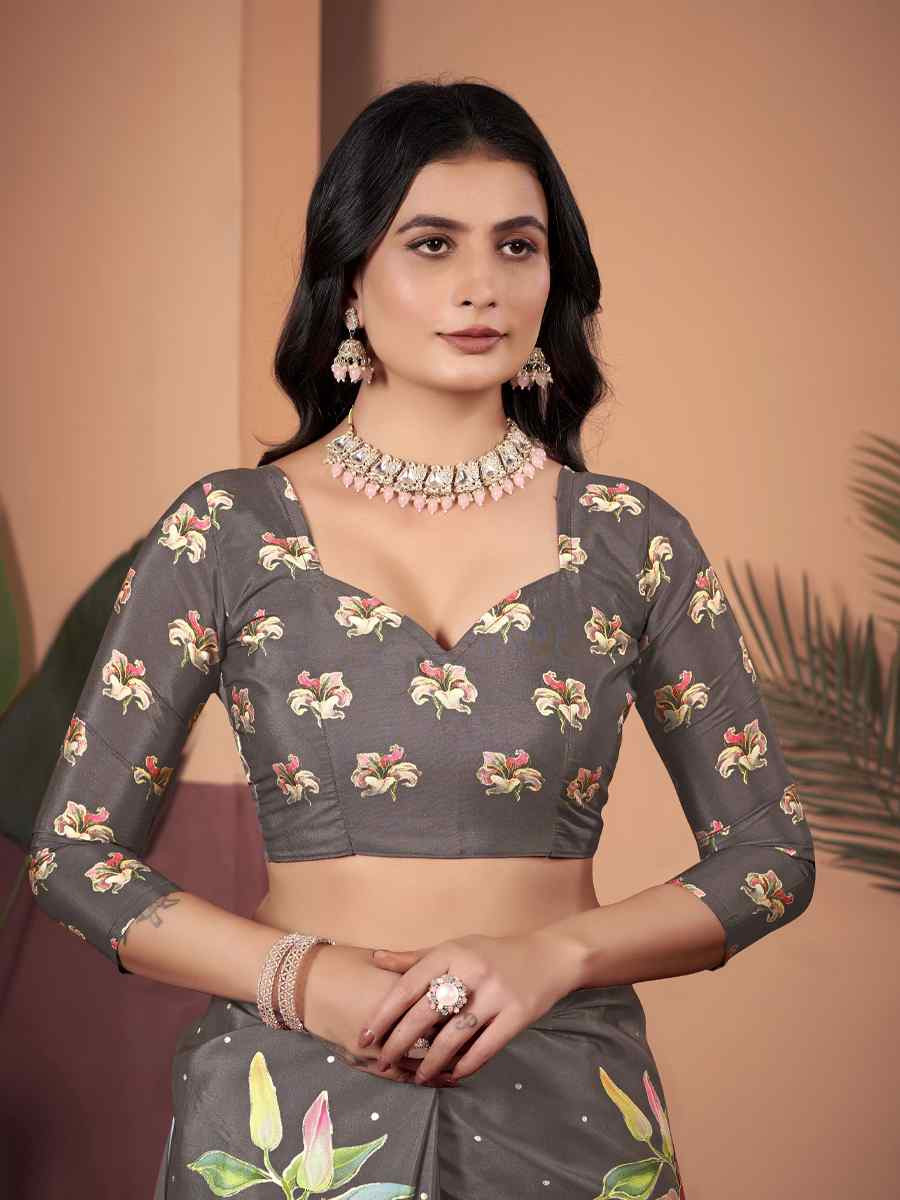 Grey Soft Crepe Silk Printed Festival Wedding Heavy Border Saree