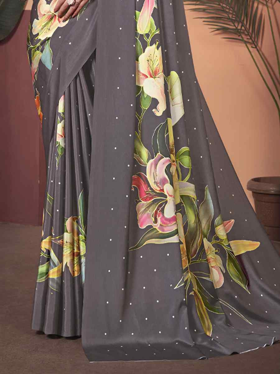 Grey Soft Crepe Silk Printed Festival Wedding Heavy Border Saree