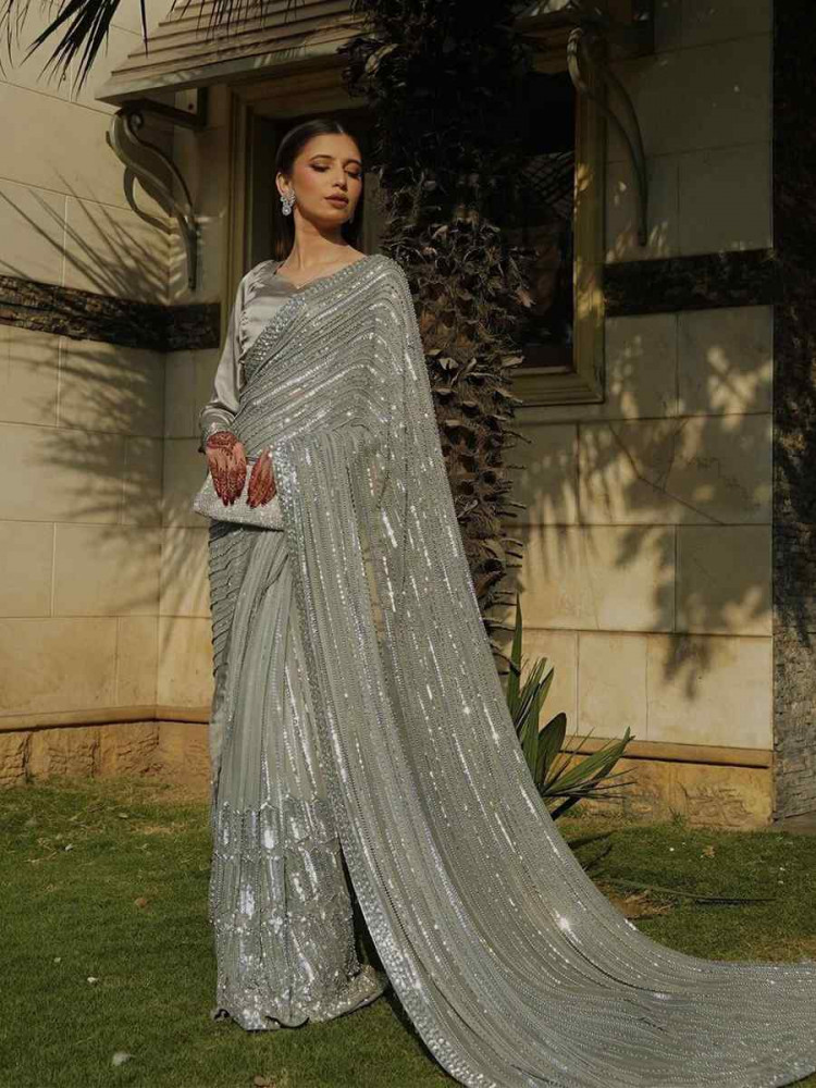 Grey Soft Georgette Embroidered Festival Wedding Fancy Heavy Border Saree