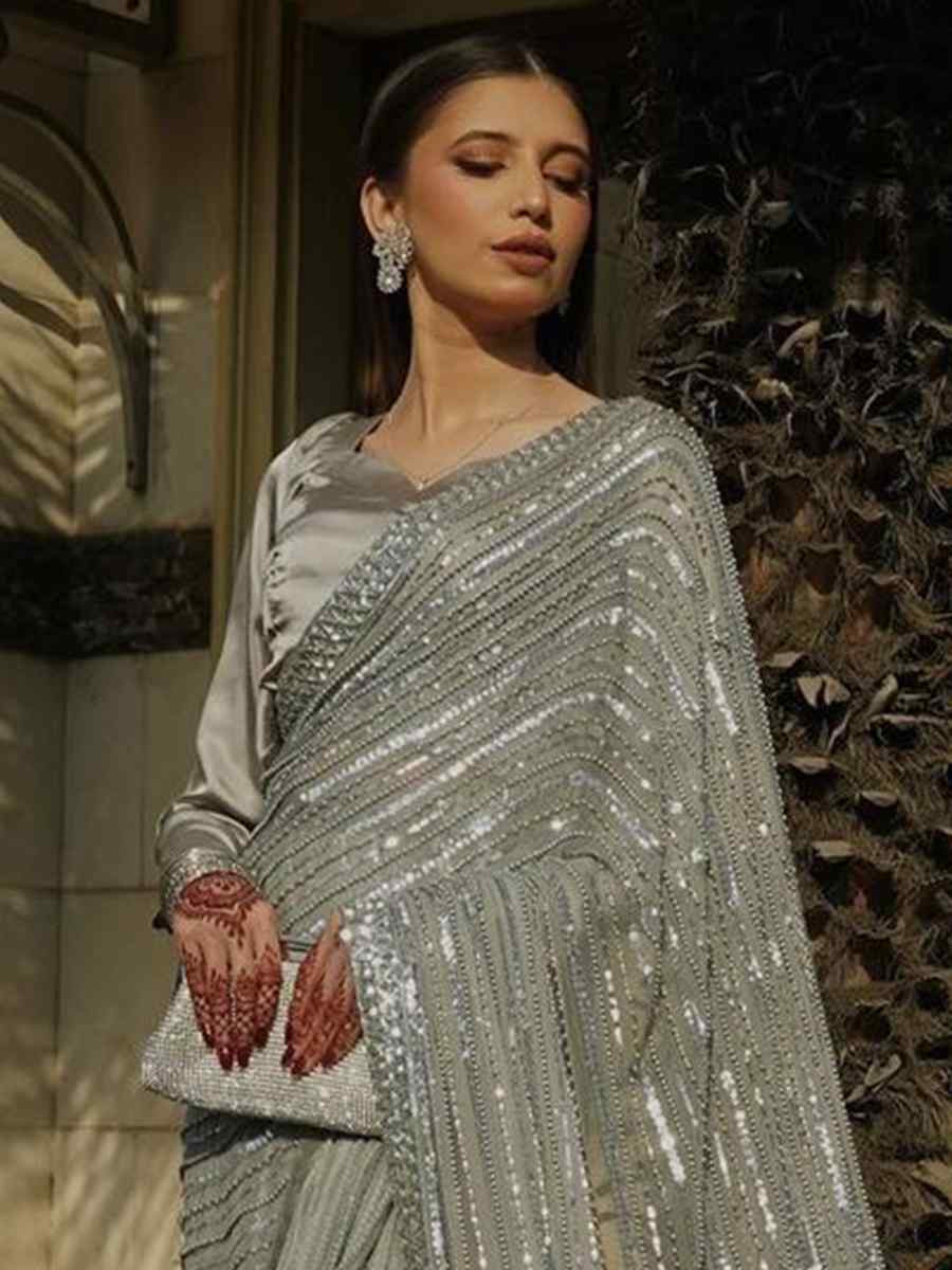 Grey Soft Georgette Embroidered Festival Wedding Fancy Heavy Border Saree