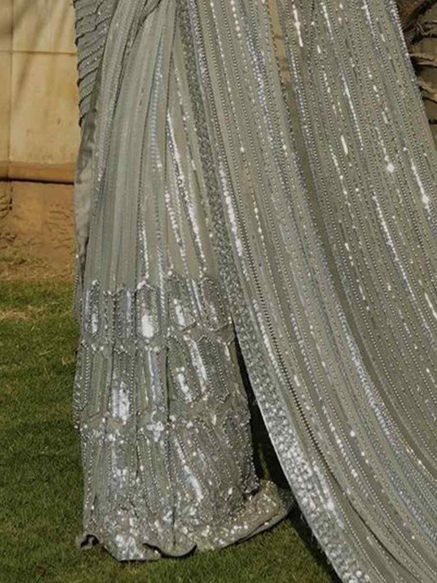 Grey Soft Georgette Embroidered Festival Wedding Fancy Heavy Border Saree