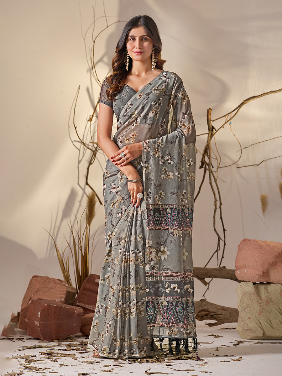 Grey Soft Georgette Printed Wedding Reception Party Festival Casual Heavy Border Sarees