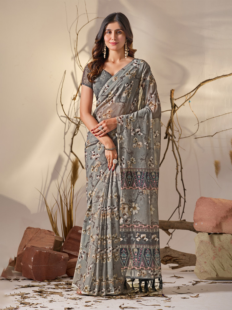 Image of Grey Soft Georgette Printed Wedding Reception Party Festival Casual Heavy Border Sarees