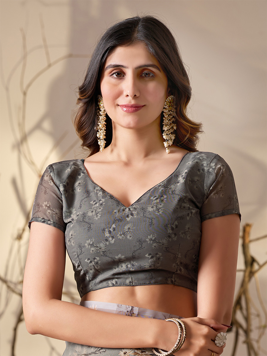 Grey Soft Georgette Printed Wedding Reception Party Festival Casual Heavy Border Sarees