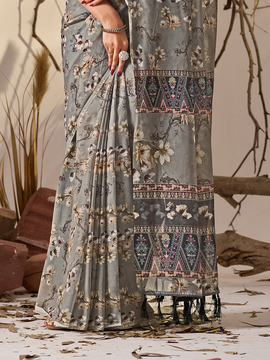 Grey Soft Georgette Printed Wedding Reception Party Festival Casual Heavy Border Sarees