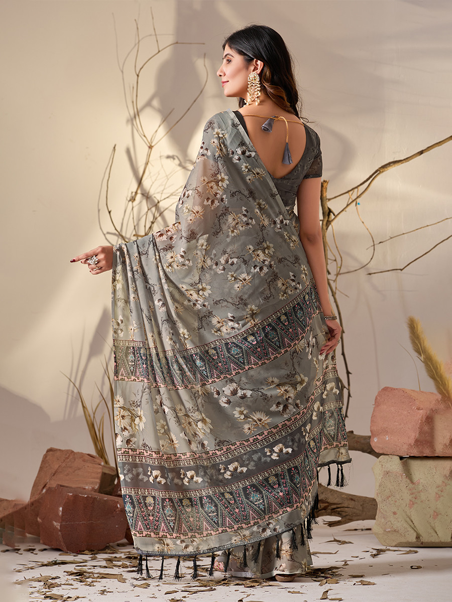 Grey Soft Georgette Printed Wedding Reception Party Festival Casual Heavy Border Sarees