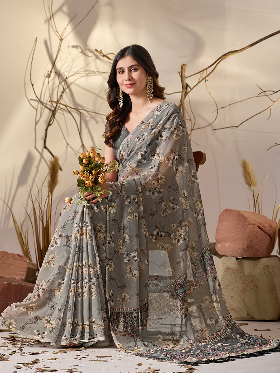 Grey Soft Georgette Printed Wedding Reception Party Festival Casual Heavy Border Sarees