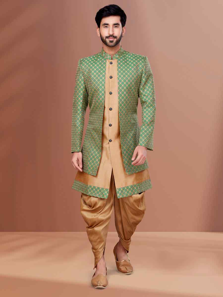 Grey Soft Jacquard Dupion Woven Festival Wedding Sherwani