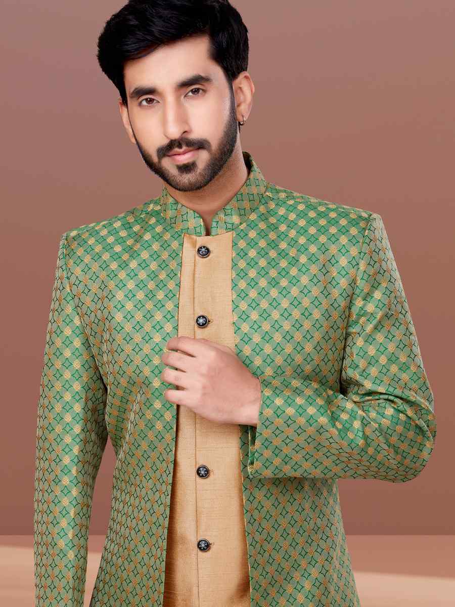 Grey Soft Jacquard Dupion Woven Festival Wedding Sherwani