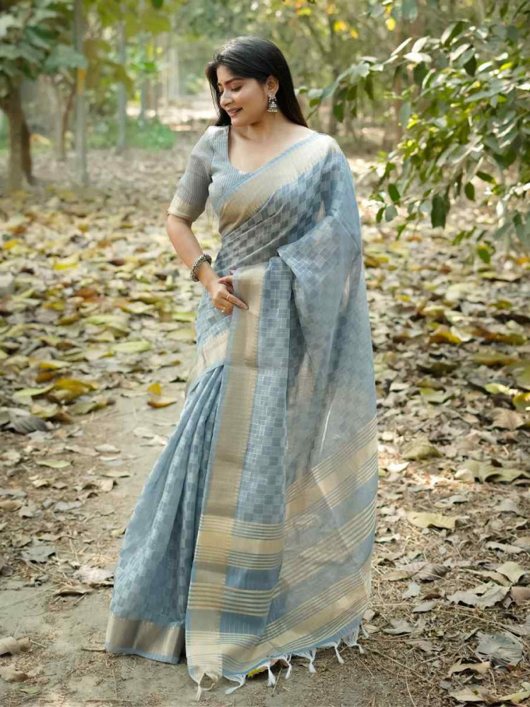 Image of Grey Soft Kalyani Silk Zari Handwoven Festival Wedding Fancy Heavy Border Saree