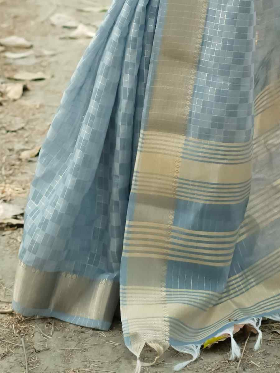 Grey Soft Kalyani Silk Zari Handwoven Festival Wedding Fancy Heavy Border Saree