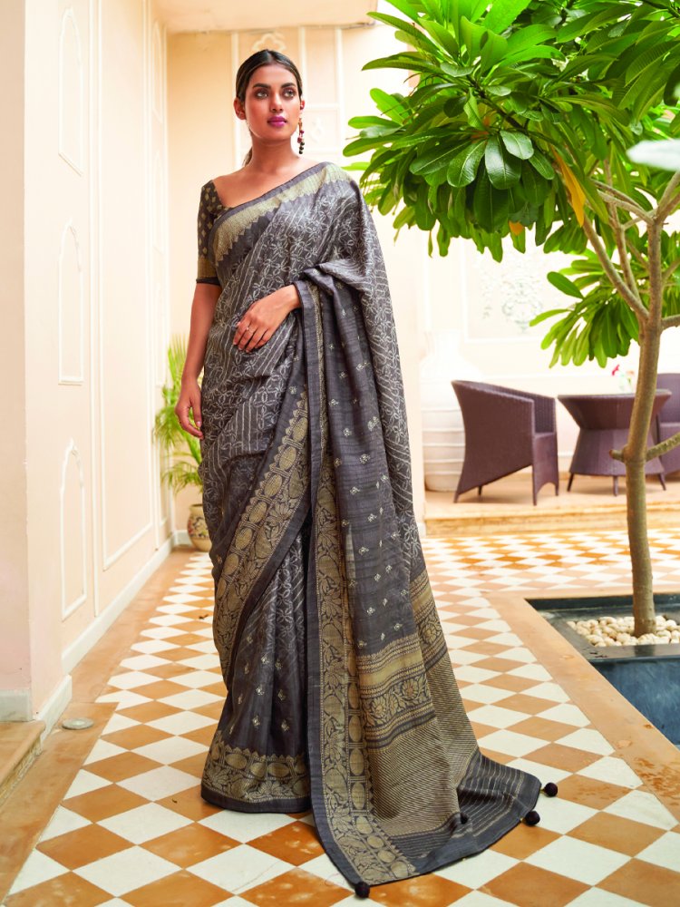 Grey Soft Khadi Silk Printed Casual Festival Contemporary Saree