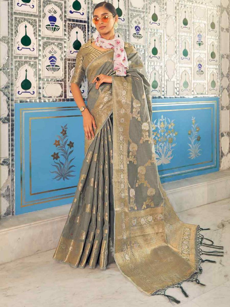 Grey Soft Linen Printed Casual Festival Classic Style Saree