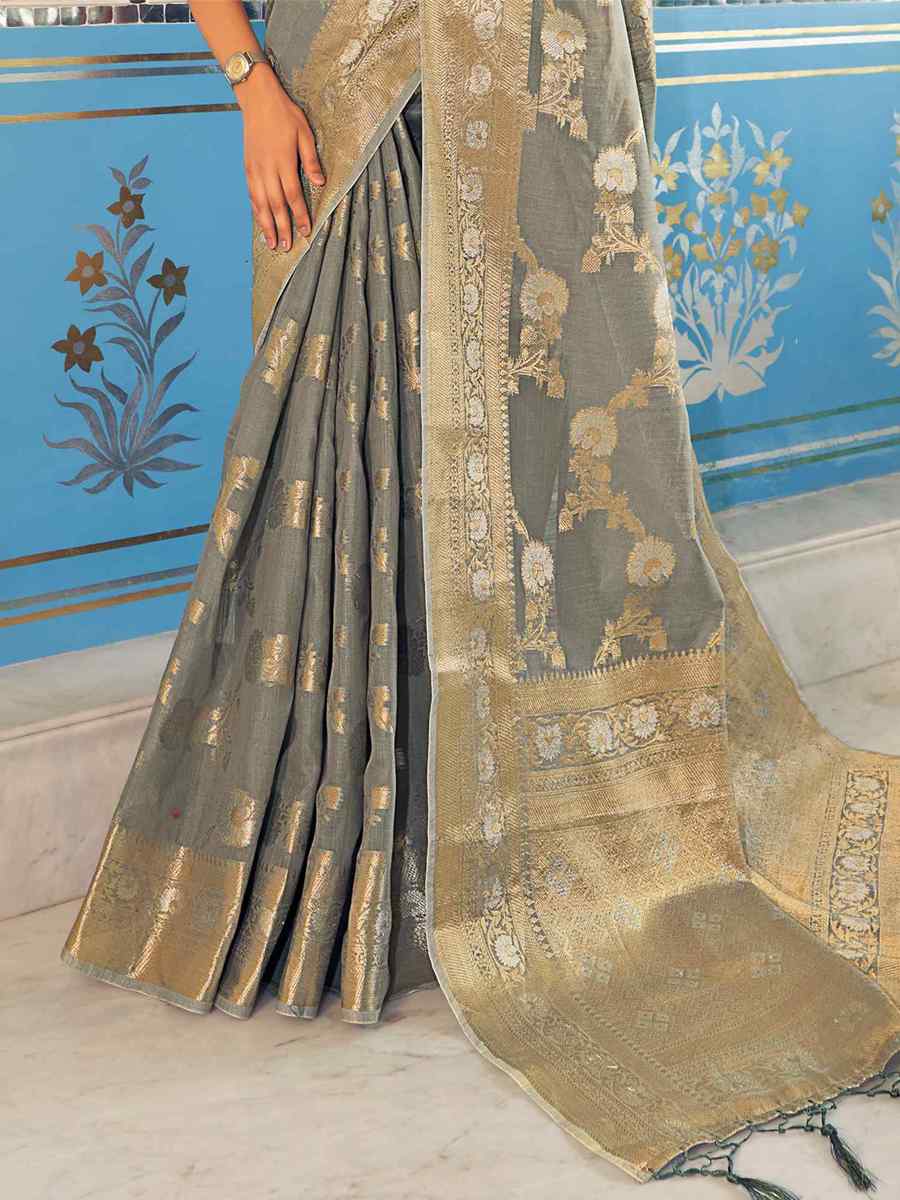 Grey Soft Linen Printed Casual Festival Classic Style Saree