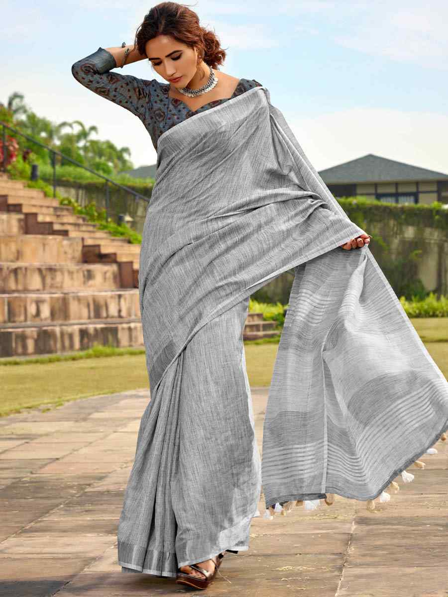 Grey Soft linen Silk Printed Casual Festival Contemporary Saree